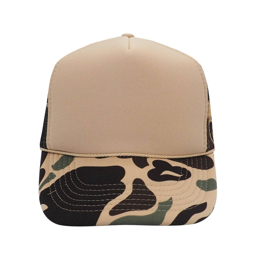Nissun Camo Camouflage Foam Trucker Hat 5-Panel Trucker Cap - CSC CPC: Brown Camo/Beige