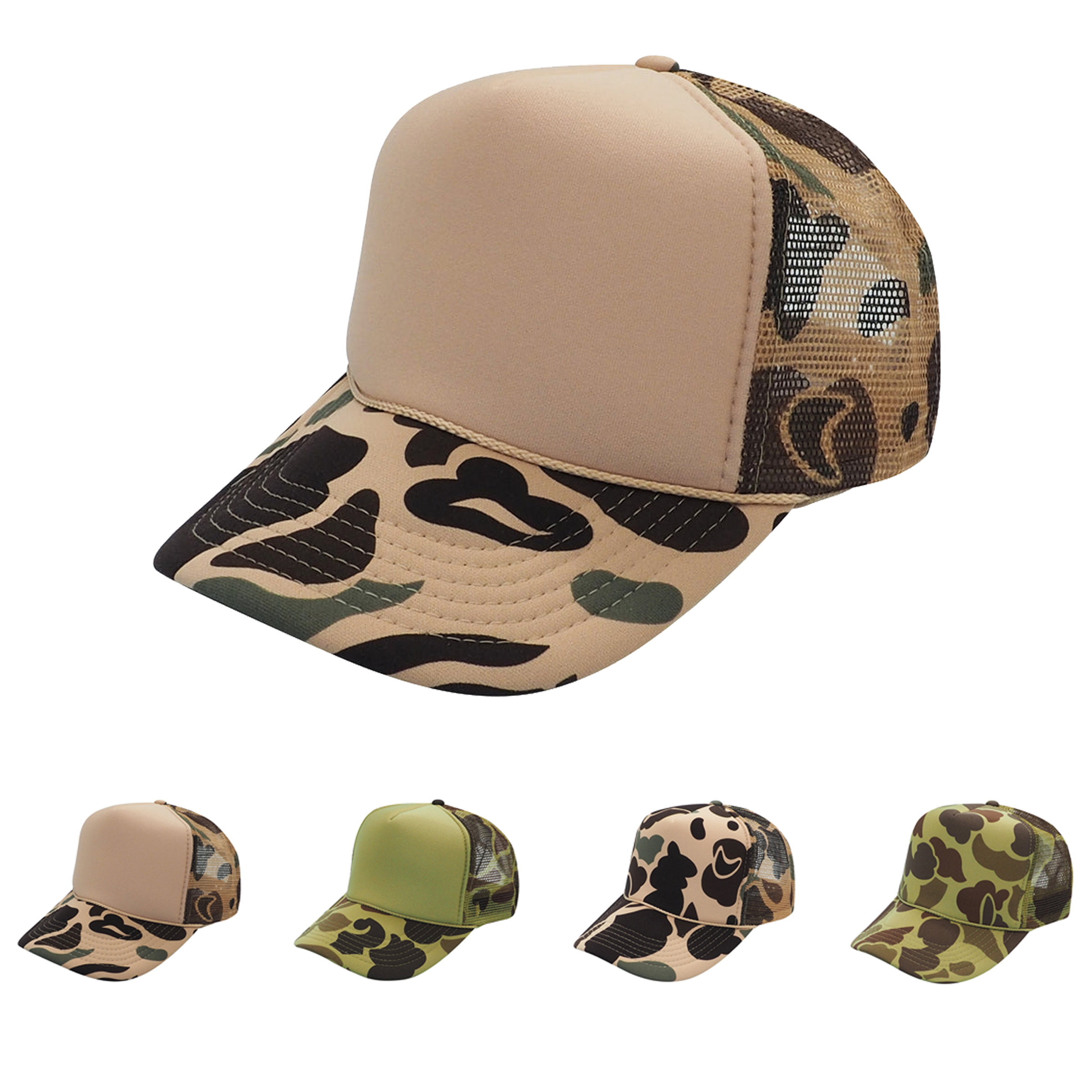 Nissun Camo Camouflage Foam Trucker Hat 5-Panel Trucker Cap - CSC CPC: Brown Camo/Beige