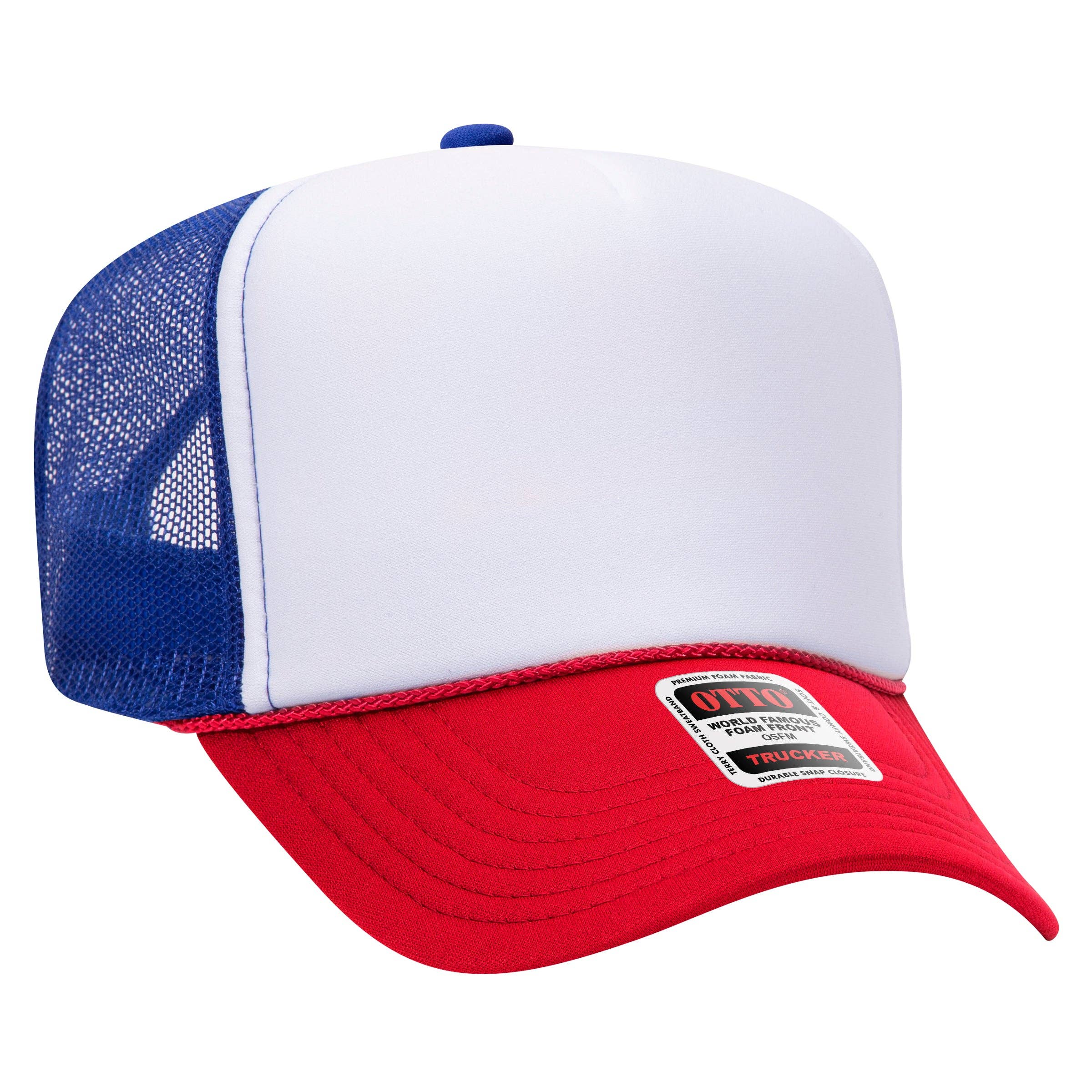 Otto 5-Panel High Crown Foam Trucker Hats, Mesh Back Cap - 39-165: Red/Wht/Ryl