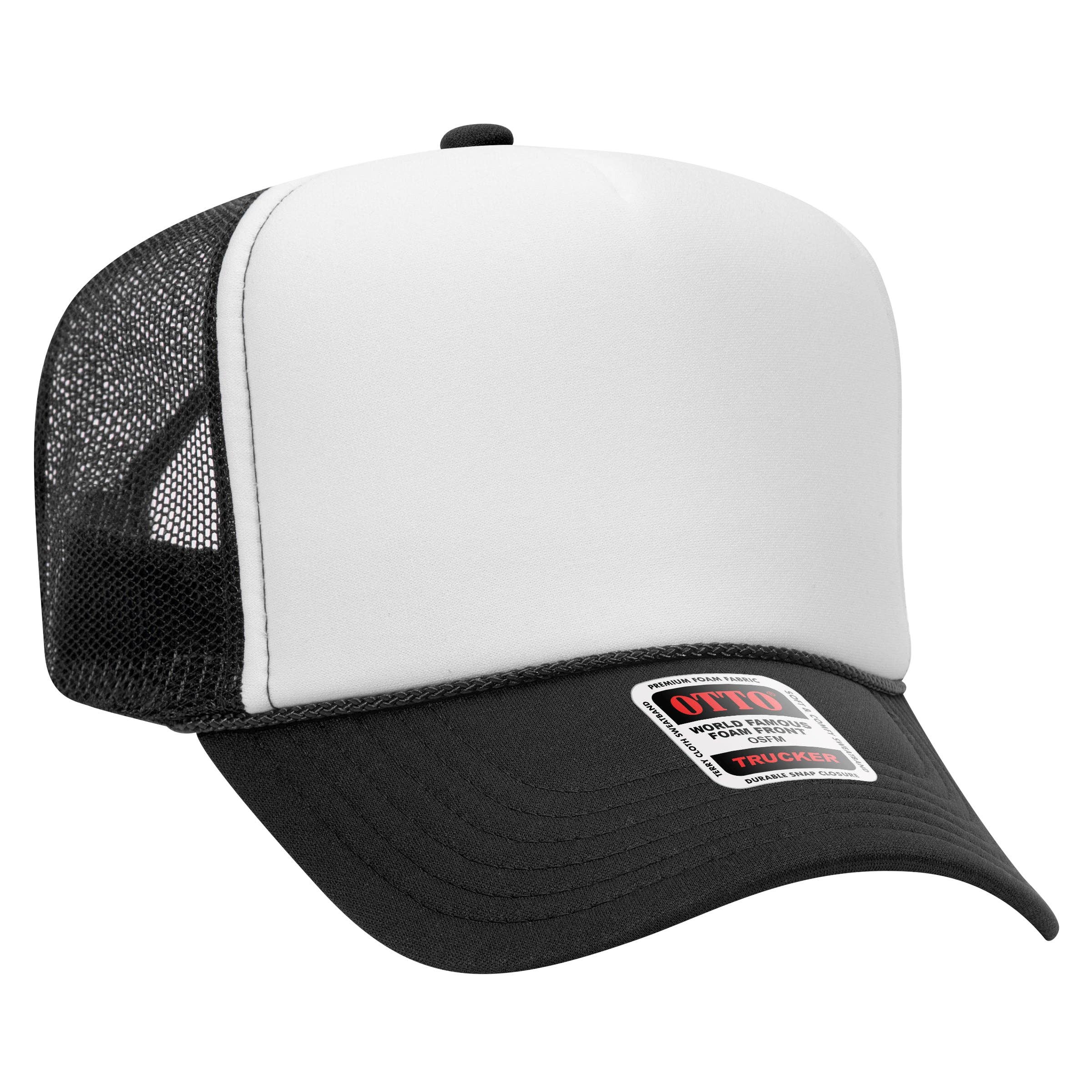 Otto 5-Panel High Crown Foam Trucker Hats, Mesh Back Cap - 39-165: Blk/Wht/Blk