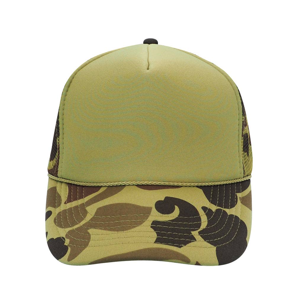Nissun Camo Camouflage Foam Trucker Hat 5-Panel Trucker Cap - CSC CPC: Brown Camo/Beige