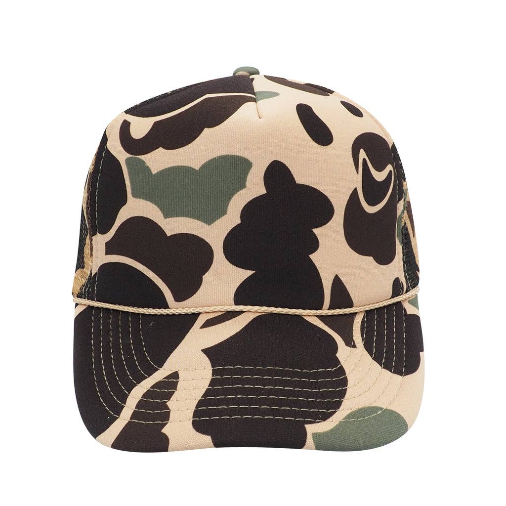 Nissun Camo Camouflage Foam Trucker Hat 5-Panel Trucker Cap - CSC CPC: Brown Camo/Beige