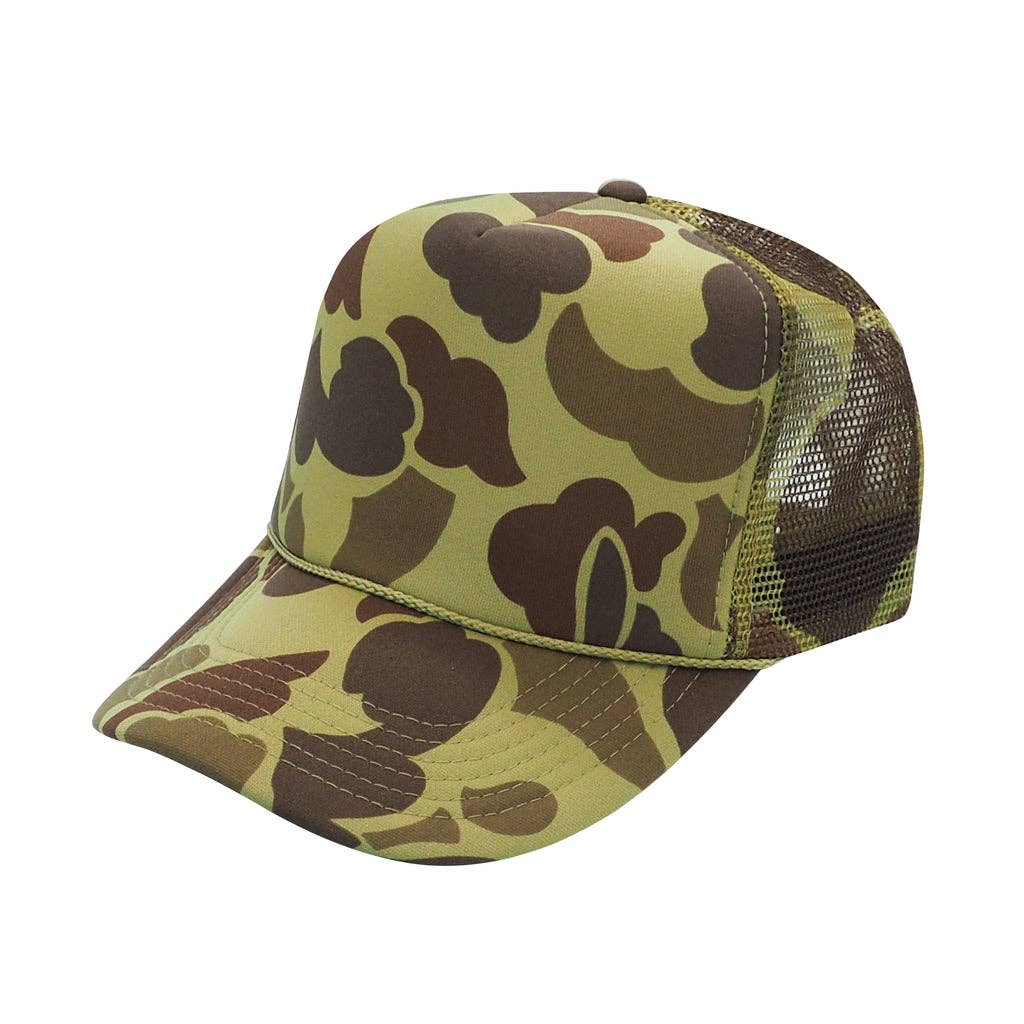 Nissun Camo Camouflage Foam Trucker Hat 5-Panel Trucker Cap - CSC CPC: Brown Camo/Beige