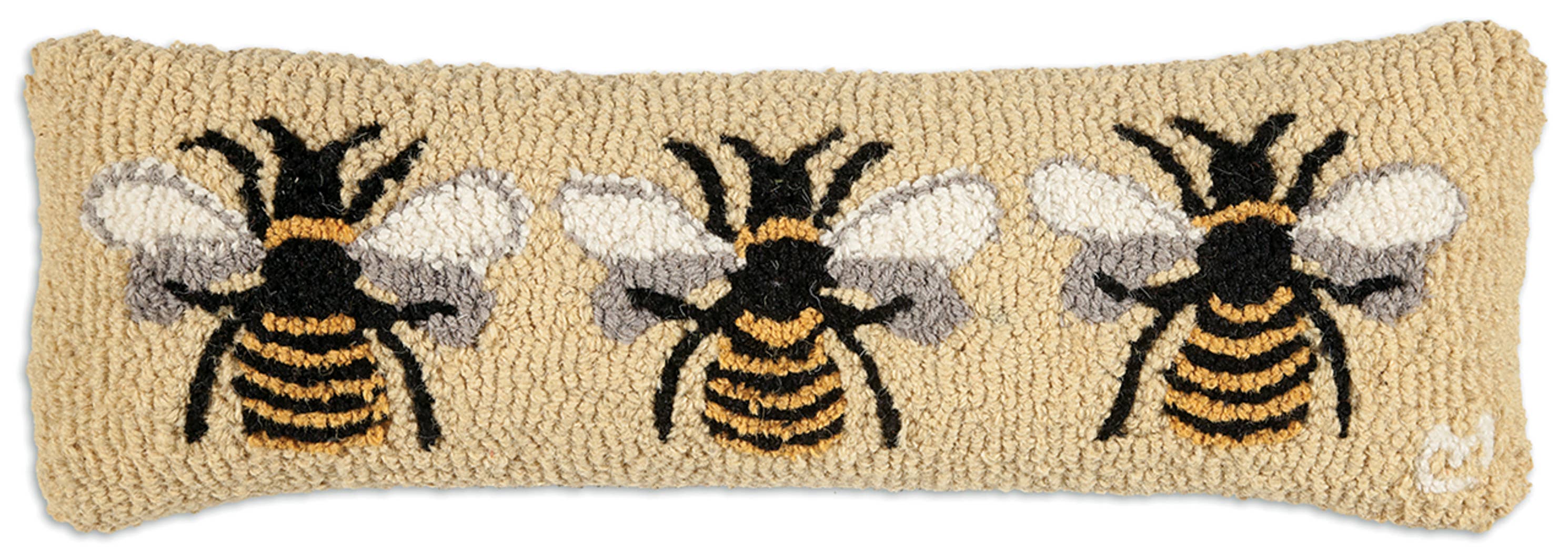 Bumblebee Hand Hooked Lumbar Pillow, 8"x24", 100% Wool