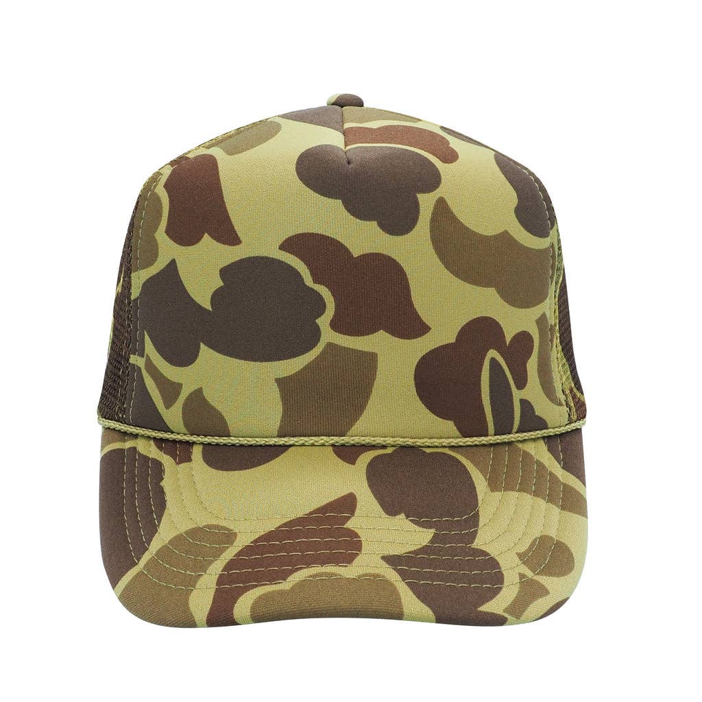 Nissun Camo Camouflage Foam Trucker Hat 5-Panel Trucker Cap - CSC CPC: Brown Camo/Beige