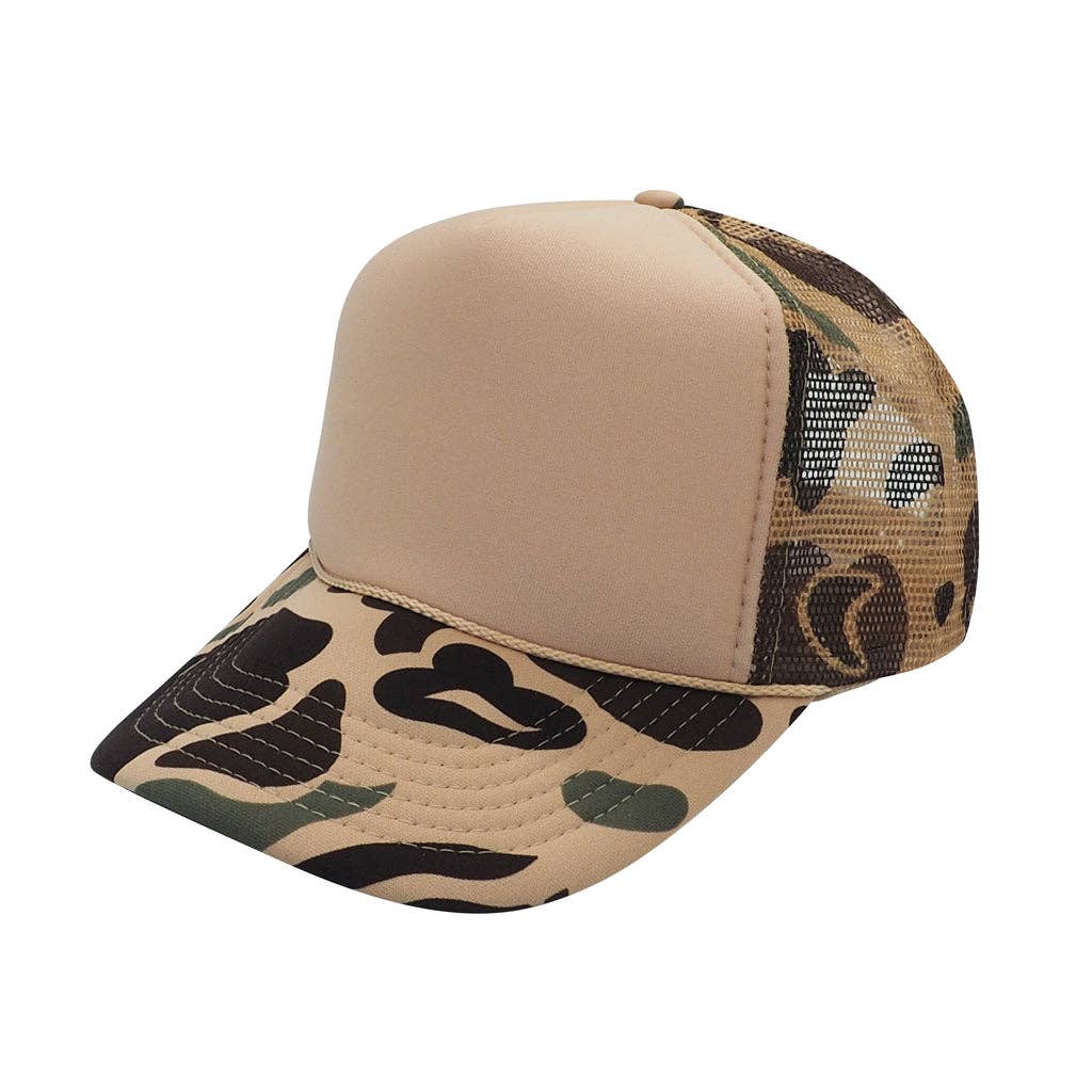 Nissun Camo Camouflage Foam Trucker Hat 5-Panel Trucker Cap - CSC CPC: Brown Camo/Beige