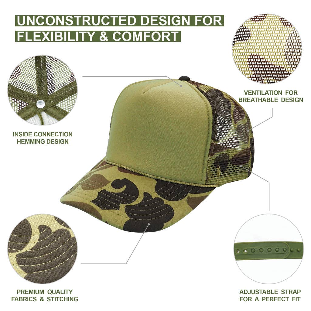 Nissun Camo Camouflage Foam Trucker Hat 5-Panel Trucker Cap - CSC CPC: Brown Camo/Beige