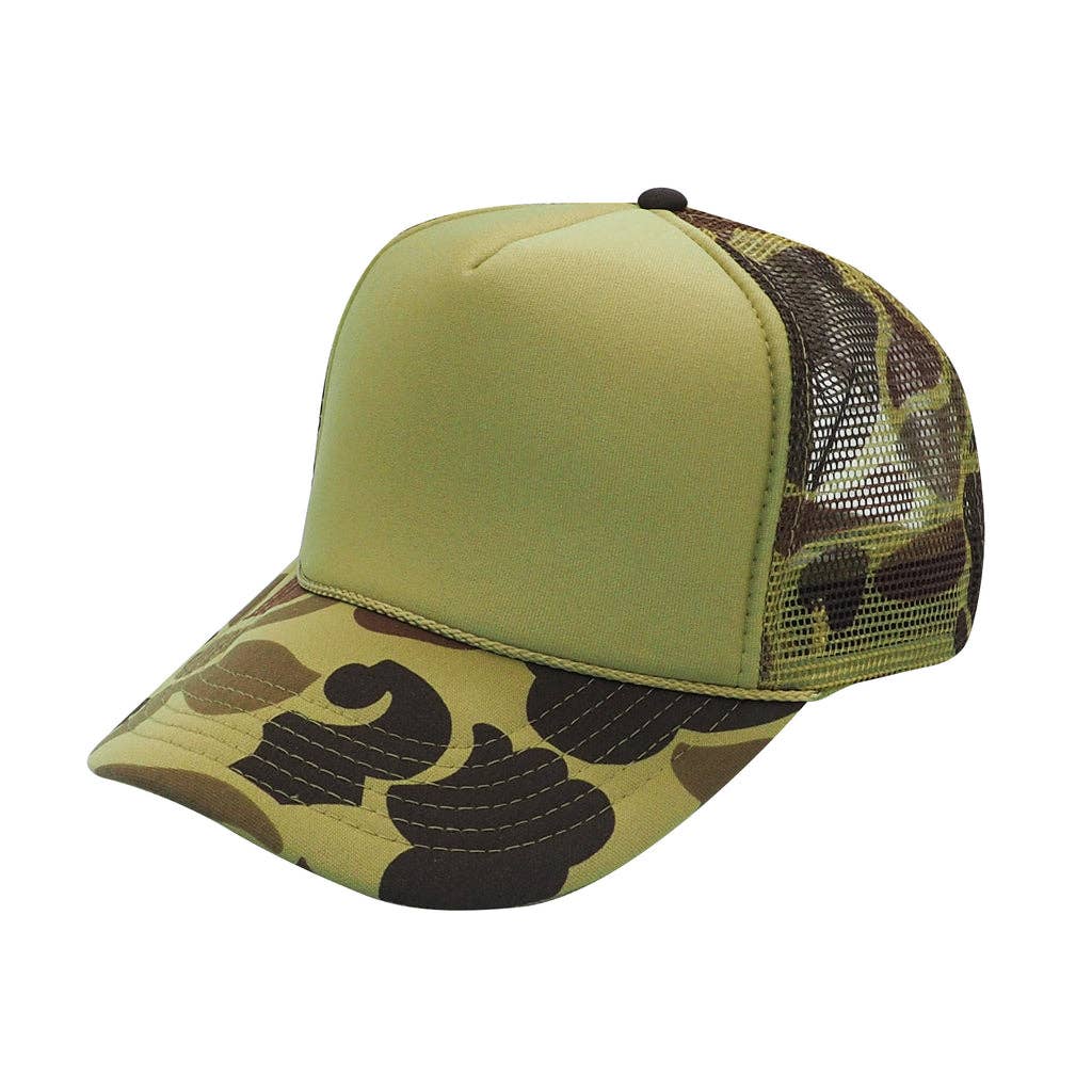 Nissun Camo Camouflage Foam Trucker Hat 5-Panel Trucker Cap - CSC CPC: Brown Camo/Beige